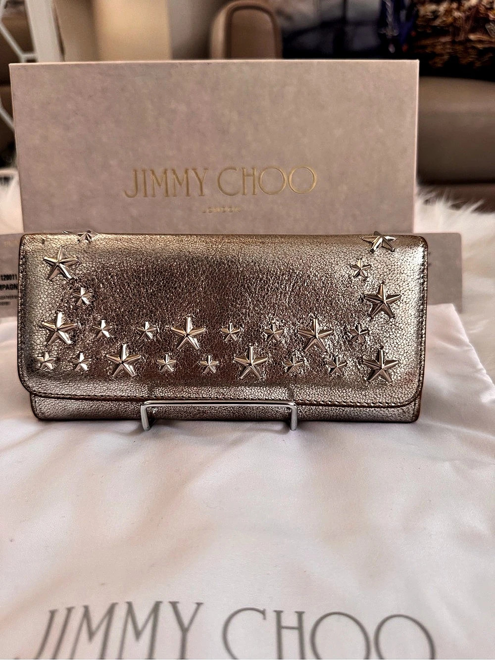 Jimmy Choo Metallic Silver Star-Embellished Studded Long Wallet